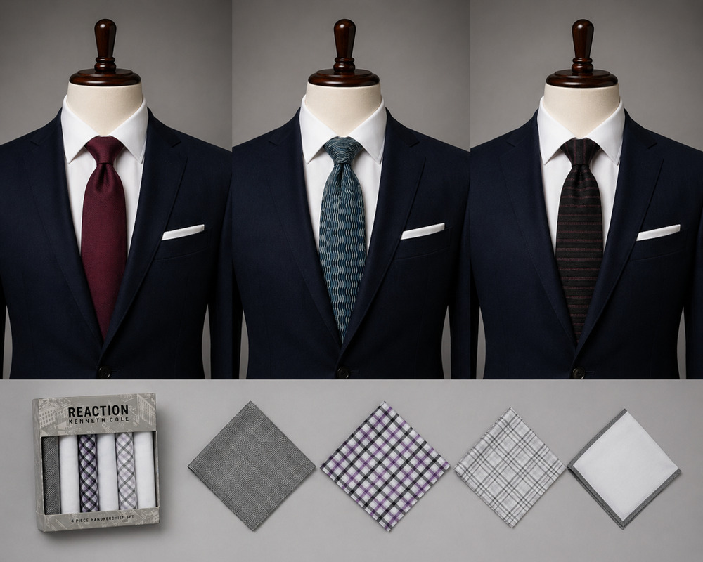 Kenneth Cole Reaction Silk Tie Lot + Handkerchief Set Burgundy Teal Striped 6-pc